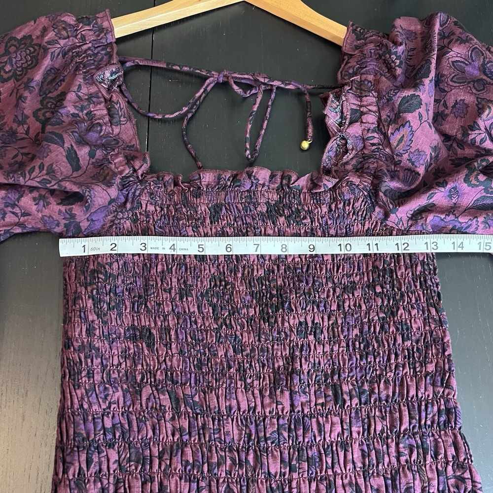 Free People Smock It To Me Mini Dress XS Burgundy Floral Puff Sleeve Cotton NEW - Picture 12 of 13